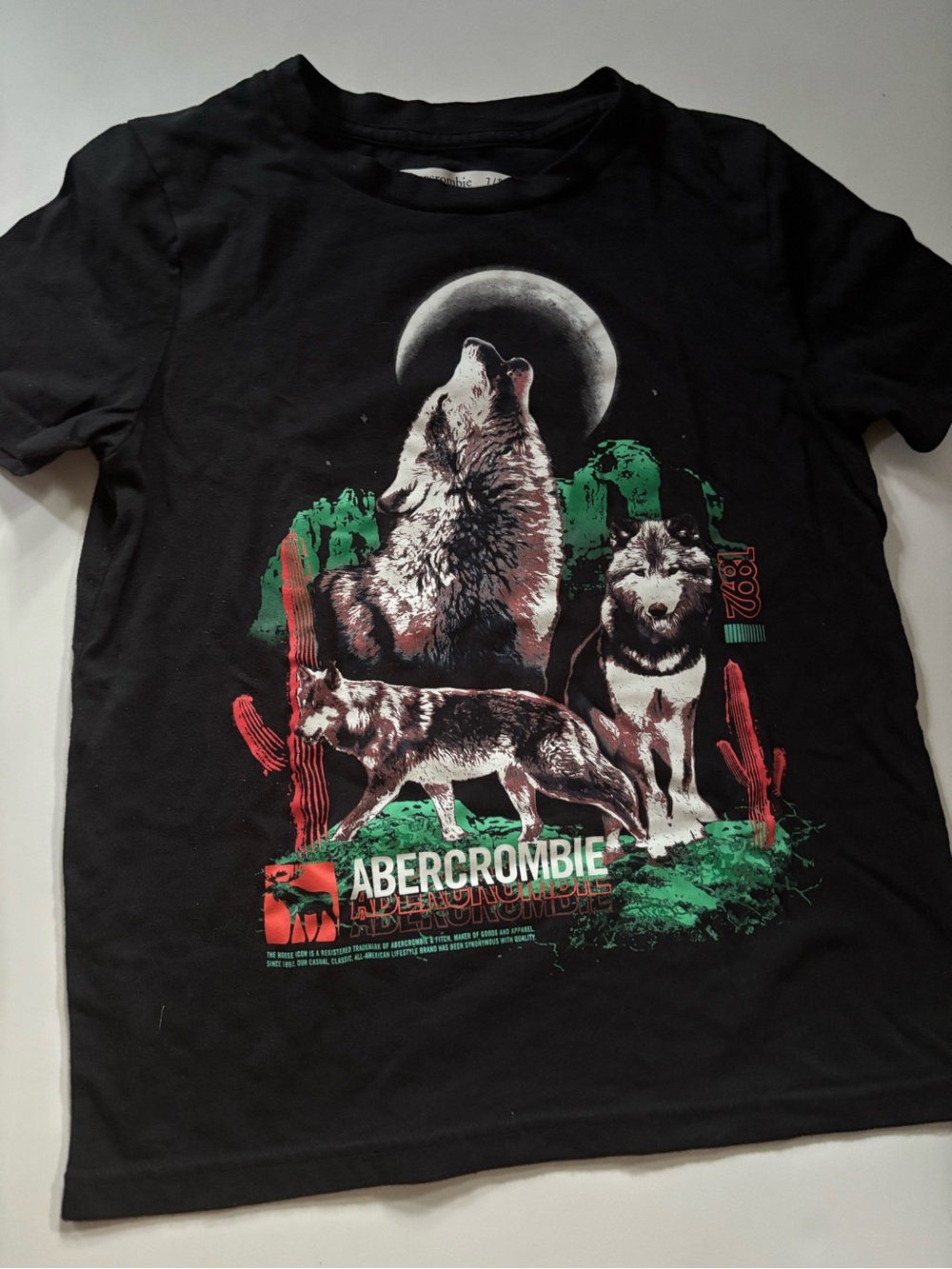 abercrombie kids Black Wolf Pack Graphic Tee with Green & Red Accents